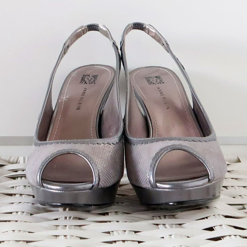 Anne Klein Silver Leather Leather Peep Toe Sling-back Platform Heels Pumps Shoes - Picture 15 of 16